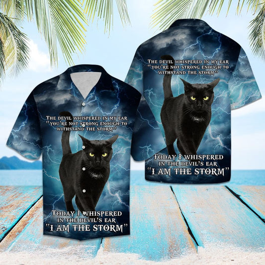 Black Cat I Am The Storm Pattern Hawaiian Shirt, Hawaiian Shirt Gift, Christmas Gift