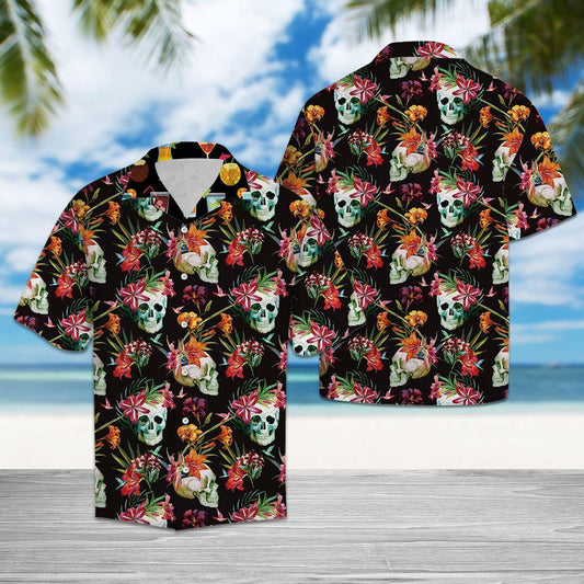 Smiling Skull Tropical Flower Design Hawaiian Shirt,Hawaiian Shirt Gift, Christmas Gift