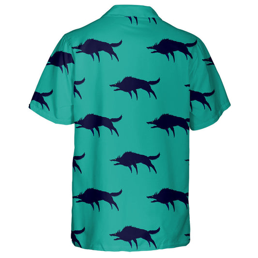 Silhouettes Of Dark Blue Angry Wolf On Green Hawaiian Shirt, Hawaiian Shirt Gift, Christmas Gift