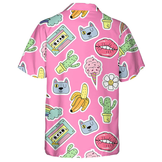 Cartoon Patch Badges With Lips And Cat Hawaiian Shirt, Hawaiian Shirt Gift, Christmas Gift