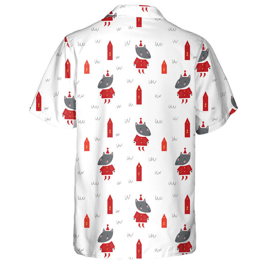 Simple Grey Wolf And Red House Hawaiian Shirt,Hawaiian Shirt Gift, Christmas Gift