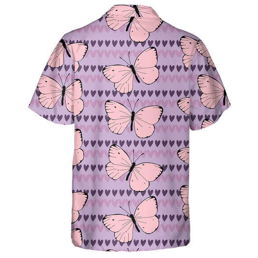 Spring Theme Pink Butterflies On Pastel With Hearts Hawaiian Shirt, Hawaiian Shirt Gift, Christmas Gift