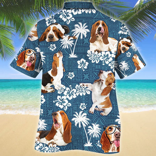 Fascinating Style Basset Hound Dog Blue Tribal Pattern Hawaiian Shirt, Hawaiian Shirt Gift, Christmas Gift