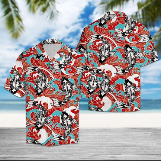 Koi Fish Wave Awesome Background Design Hawaiian Shirt,Hawaiian Shirt Gift, Christmas Gift