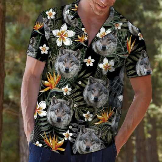 Hawaiian Shirt Wolf Face With Paradise And Plumeria Flowers, Hawaiian Shirt Gift, Christmas Gift