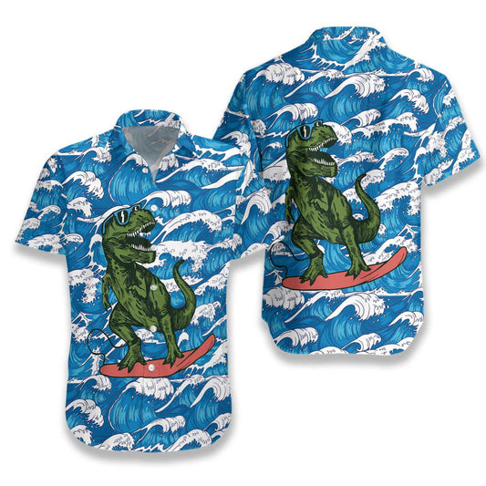 Surfing T-Rex Dinosaur Beautiful Waves Pattern Hawaiian Shirt, Hawaiian Shirt Gift, Christmas Gift