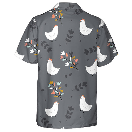 Cute Cartoon White Chicken With Leaf Branches Hawaiian Shirt, Hawaiian Shirt Gift, Christmas Gift