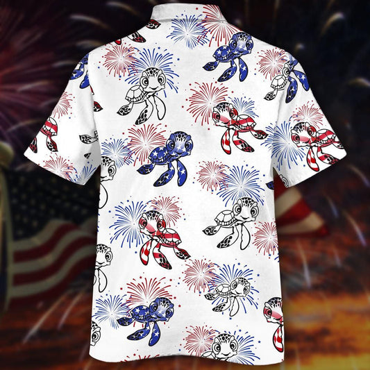 Turtles And Fireworks White Theme Hawaiian Shirt, Hawaiian For Gift