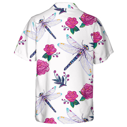 Embroidery Peony Flower And Beautiful Dragonfly Hawaiian Shirt,Hawaiian Shirt Gift, Christmas Gift