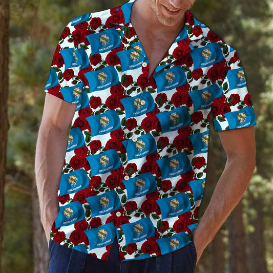 Awesome Flag Of Oklahoma Rose Pattern Hawaiian Shirt, Hawaiian For Gift