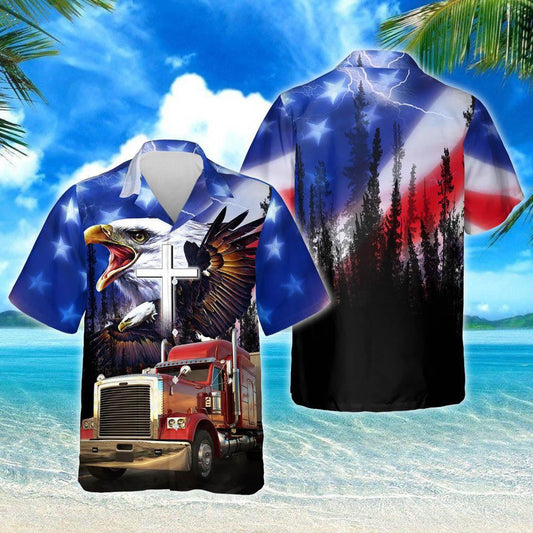 Blue Sky American Truck Eagle Design Hawaiian Shirt,Hawaiian Shirt Gift, Christmas Gift