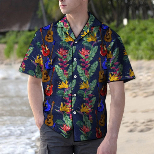 Colored Guitar With Paradise Flowers Hawaiian Shirt, Hawaiian For Gift