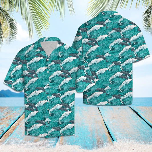 Enticing Dolphin Jumping On Huge Waves Pattern Hawaiian Shirt, Hawaiian Shirt Gift, Christmas Gift