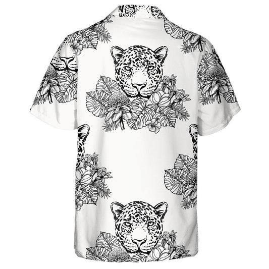 Sketch Style Portrait Of Leopard With Tropical Plants Hawaiian Shirt, Hawaiian Shirt Gift, Christmas Gift