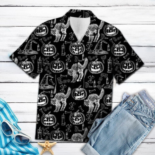 Oíche Shamhna Aghaidheanna Cat Bán Agus Pumpkin I Léine Dubh Haváís, Bronntanas Léine Haváís, Bronntanas Nollag