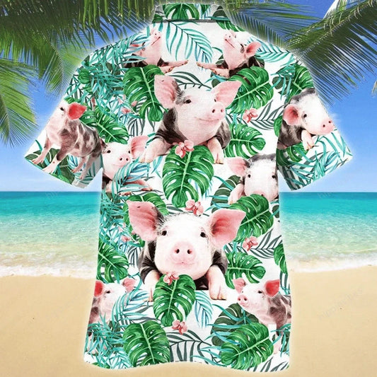 Tropical Cute Pig With Green Leaf Hawaiian Shirt,Hawaiian Shirt Gift, Christmas Gift