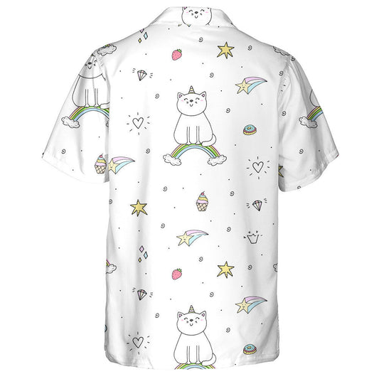 Hand Drawn Cute Cat On A Rainbow Hawaiian Shirt, Hawaiian Shirt Gift, Christmas Gift