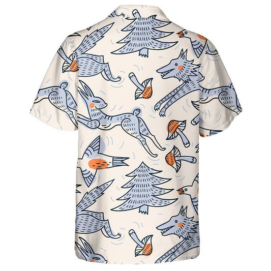 Running Wolf Cartoon Animals And Flying Birds Hawaiian Shirt, Hawaiian Shirt Gift, Christmas Gift