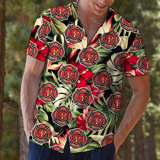 Firefighter Symbol With Red Hibiscus Hawaiian Shirt,Hawaiian Shirt Gift, Christmas Gift