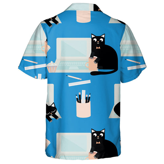 Hand Drawn Cute Laptop And Cartoon Cat Hawaiian Shirt, Hawaiian Shirt Gift, Christmas Gift