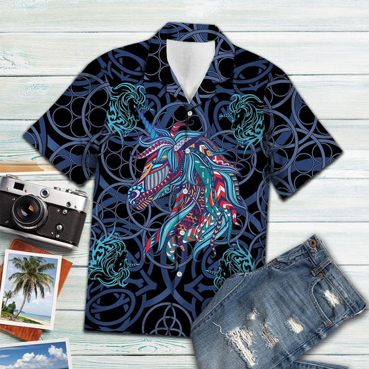 Vivid Colorful Unicorn Blue Mandala Art Pattern Hawaiian Shirt, Hawaiian Shirt Gift, Christmas Gift