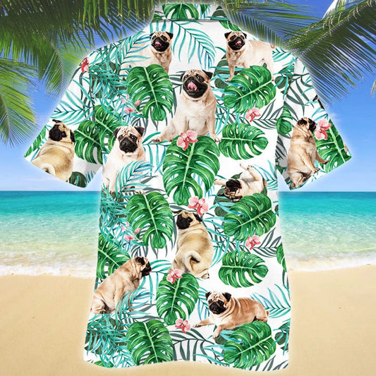 Pug Dog Tropical Plant Montera Leaves Pattern Hawaiian Shirt, Hawaiian Shirt Gift, Christmas Gift