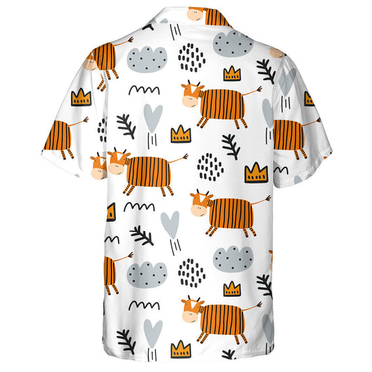 Hand Drawn Orange Stripe Cow On White Hawaiian Shirt, Hawaiian Shirt Gift, Christmas Gift