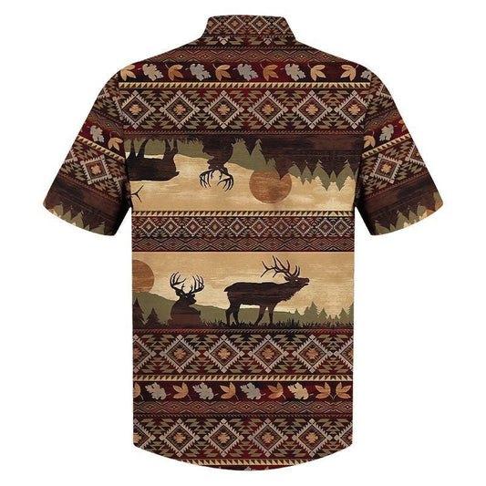 Native American Hawaiian Shirt Moose Idyllic Landscape Pattern,Hawaiian Shirt Gift, Christmas Gift