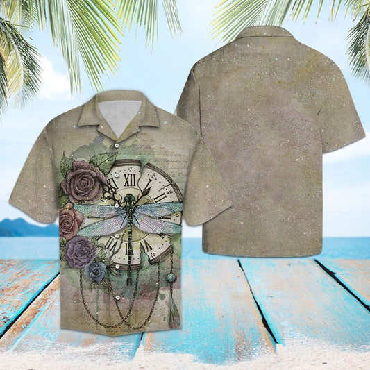 Vintage Colorful Time Flies Dragonfly Clock Pattern Hawaiian Shirt, Hawaiian Shirt Gift, Christmas Gift