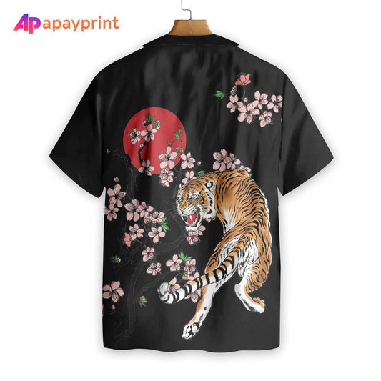 Tiger Sakura And Red Moon Pattern Hawaiian Shirt,Hawaiian Shirt Gift, Christmas Gift