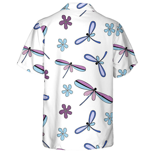 Bright Flying Dragonfly And Flowers On White Hawaiian Shirt, Hawaiian Shirt Gift, Christmas Gift
