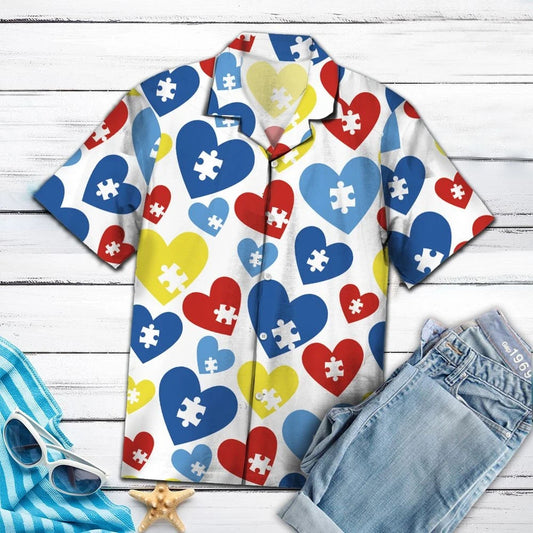 Tricolor Hearts With White Autism Puzzle Hawaiian ShirtHawaiian Shirt Gift, Christmas Gift