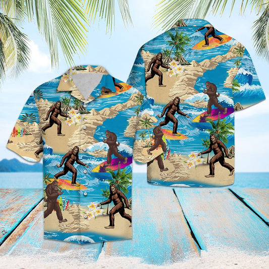 Surfing Bigfoot Summer Vacation Pattern Hawaiian Shirt,Hawaiian Shirt Gift, Christmas Gift