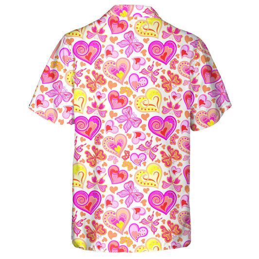Hand Drawn Neon Pink Butterflies And Hearts Hawaiian Shirt, Hawaiian Shirt Gift, Christmas Gift