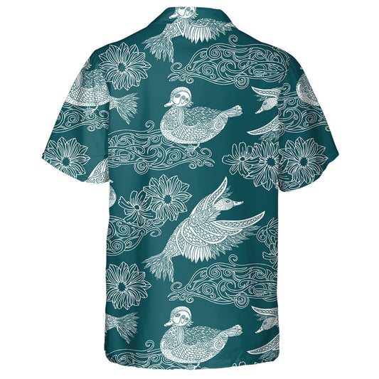 Hand Drawn Vintage Ducks And Flowers Ornament Hawaiian Shirt, Hawaiian Shirt Gift, Christmas Gift