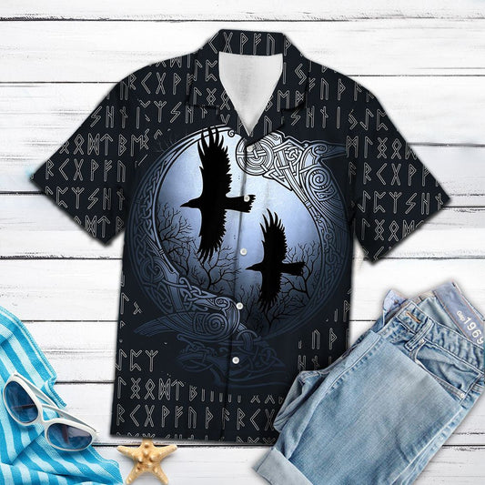 Viking Ravens Flying In Dark Night Hawaiian Shirt, Hwaiian For Gift