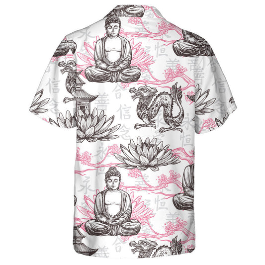 Sketch Pagoda Building Lotus Flower And Dragon Hawaiian Shirt, Hawaiian Shirt Gift, Christmas Gift