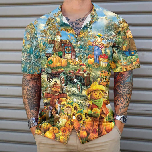 Smiley Pumpkin On The Farm Thanksgiving Hawaiian Shirt,Hawaiian Shirt Gift, Christmas Gift