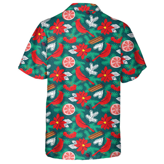Watercolor Red Cardinal And Poinsettia Red Flower Hawaiian Shirt, Hawaiian Shirt Gift, Christmas Gift