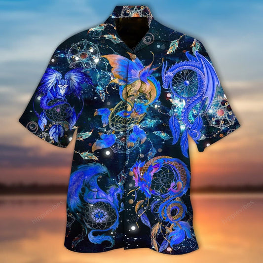 Dreamcatcher Dragon Blue Neon In Black Hawaiian Shirt,Hawaiian Shirt Gift, Christmas Gift