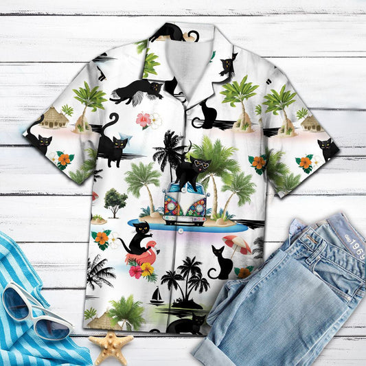 Black Cat Print While Theme Hawaiian Shirt, Hawaiian For Gift
