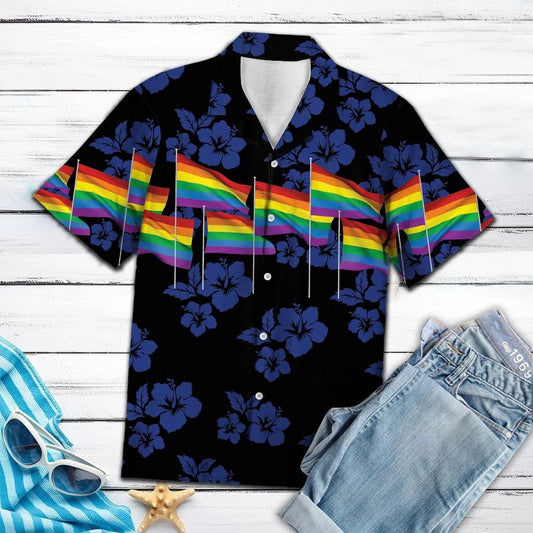 Lgbt Flag With Blue Hibiscus Design Hawaiian Shirt, Hawaiian For Gift