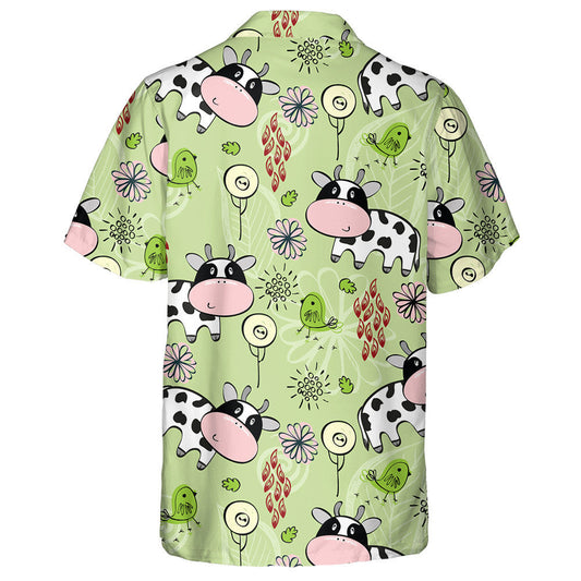 Hand Draw Baby Cows And Green Bird Hawaiian Shirt, Hawaiian Shirt Gift, Christmas Gift