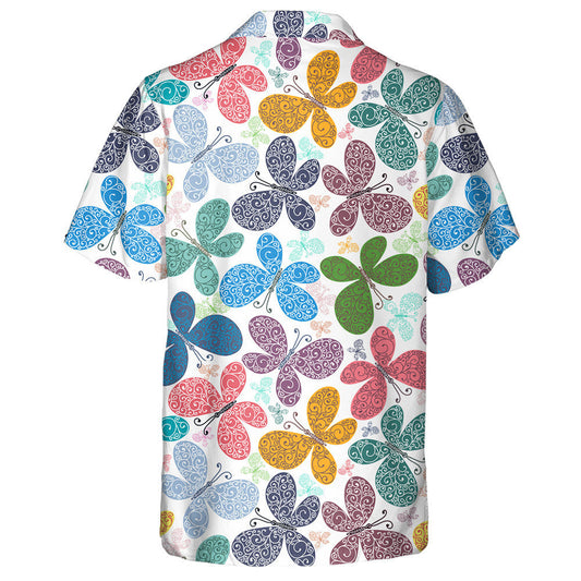 Spring Theme Silhouettes Colorful Butterflies On White Hawaiian Shirt, Hawaiian Shirt Gift, Christmas Gift