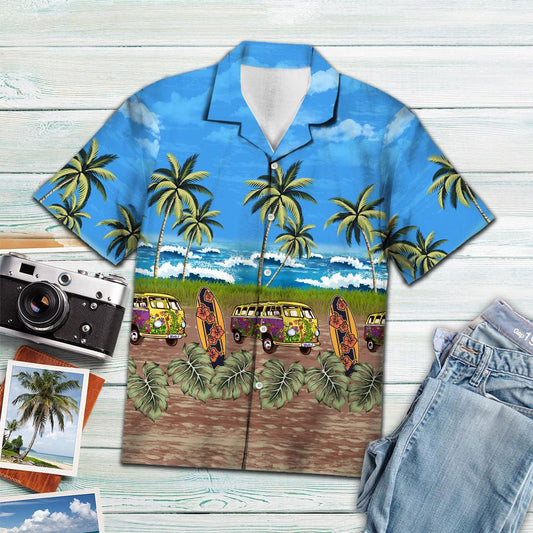 Tropical Hippie Bus Seaside Palm Tree Pattern Hawaiian Shirt, Hawaiian Shirt Gift, Christmas Gift