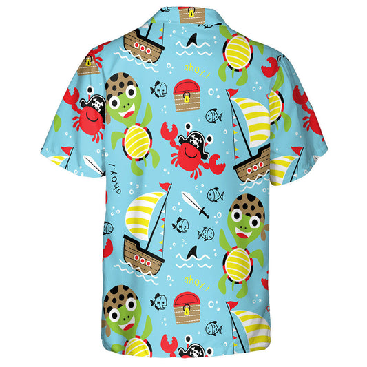 Funny Pirate Cartoon Turtle With Crab Hawaiian Shirt,Hawaiian Shirt Gift, Christmas Gift