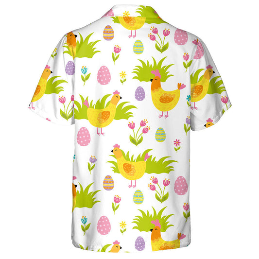 Cute Chickens Grass Colorful Eggs And Flowers Hawaiian Shirt, Hawaiian Shirt Gift, Christmas Gift