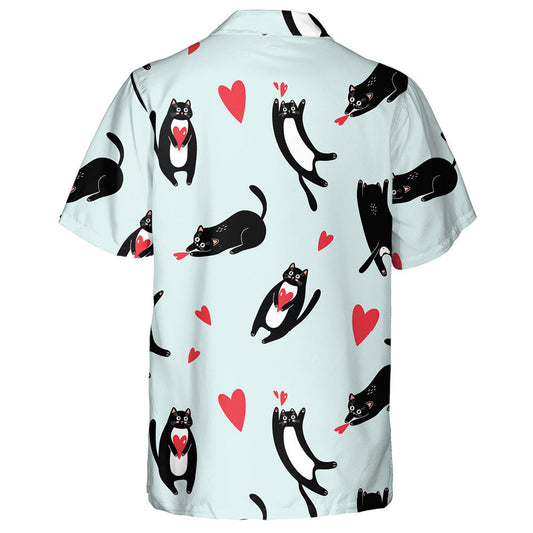Black Domestic Cats And Hearts On A Blue Background Hawaiian Shirt, Hawaiian Shirt Gift, Christmas Gift