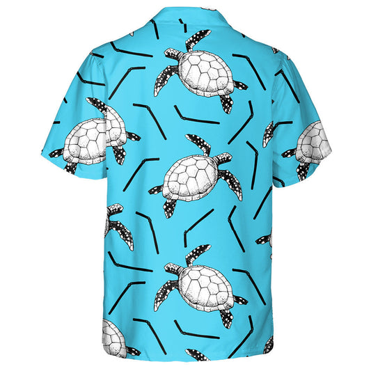 Hand Drawn Sea Turtles And Plastic Straws Hawaiian Shirt, Hawaiian Shirt Gift, Christmas Gift
