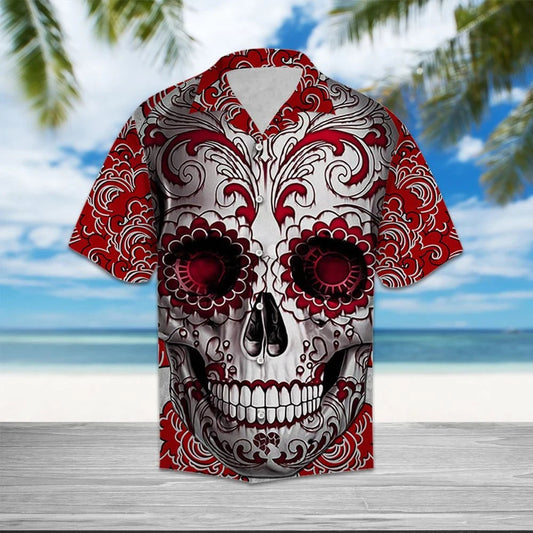 Skull With Red Floral Cool Hawaiian Shirt,Hawaiian Shirt Gift, Christmas Gift